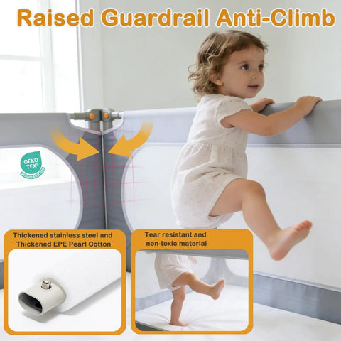 Toddler Bed Rail Guard For Kids Swing Down Safe Guard Rail Fits Queen And Full Size Beds Gray And White with anti-climb feature