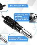 Pro Rivet Gun Adapter Kit For Cordless Drills with alloy steel gun head and 8mm hexagonal shank, close-up view