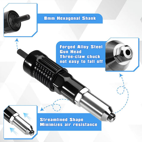 Pro Rivet Gun Adapter Kit For Cordless Drills with alloy steel gun head and 8mm hexagonal shank, close-up view