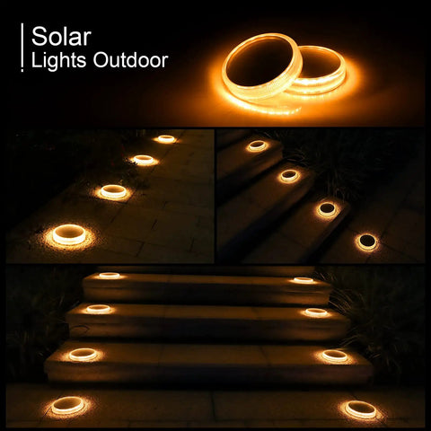 Solar Deck Lights Outdoor Waterproof LED 4 Pack Warm White Dock Lights With Big Solar Panel illuminating steps at night