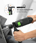 Pro-Grade 5 Amp Half Inch Hammer Drill Kit With 105 Accessories being used on concrete, showing 360 degree rotating handle feature.