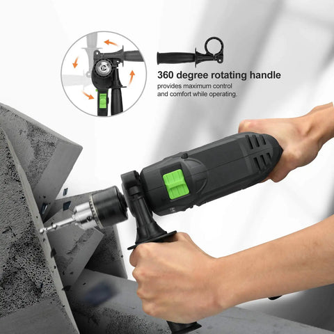 Pro-Grade 5 Amp Half Inch Hammer Drill Kit With 105 Accessories being used on concrete, showing 360 degree rotating handle feature.