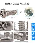 Anti Theft Stainless Steel License Plate Screws Set For Cars And Trucks Tamper Resistant Security Machine Screws Quarter Inch M6 Bolts 8 Pack To Protect Your License Plates From Theft And Vandalism, showing measurements and close-up details.