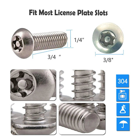 Anti Theft Stainless Steel License Plate Screws Set For Cars And Trucks Tamper Resistant Security Machine Screws Quarter Inch M6 Bolts 8 Pack To Protect Your License Plates From Theft And Vandalism, showing measurements and close-up details.