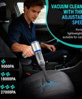 Man using 2 In 1 Mini Car Vacuum And Air Duster Wireless Handheld Vacuum in car with blower function, showing 27000 Pa suction.