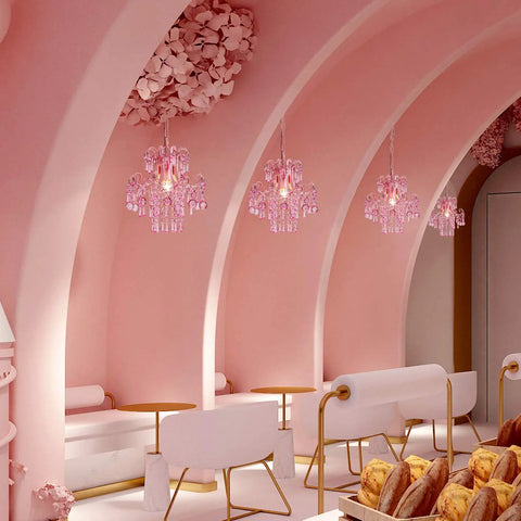 Modern Pink Mini Crystal Chandelier For Princess Rooms And Small Spaces, Chic Hanging Light Fixture For Bedroom, E26 Socket