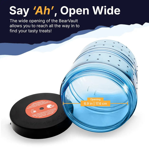 Open BV475 Trek Portable Bear Resistant Canister For Backpackers showing wide opening and clear blue body