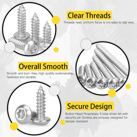 210 Piece Stainless Steel Button Head Torx Sheet Metal Screws Set With Tamper Proof Security, Includes T15 Bit, shown with clear threads and secure design features.