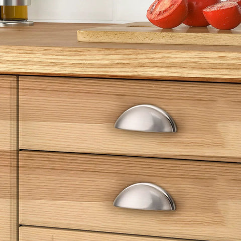 Installed 10 Pack Brushed Nickel Cabinet Pulls Cup Style Drawer Handles And Knobs With 3 Inch Center To Center Holes on wooden drawers