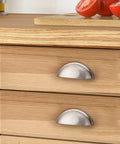 20 Pack Brushed Nickel Cup Drawer Pulls For Cabinets And Dressers, 3 Inch Hole Centers Cup Cabinet Handles installed on kitchen drawers