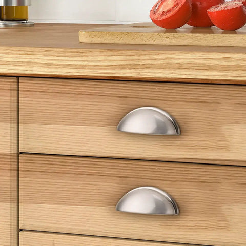 20 Pack Brushed Nickel Cup Drawer Pulls For Cabinets And Dressers, 3 Inch Hole Centers Cup Cabinet Handles installed on kitchen drawers