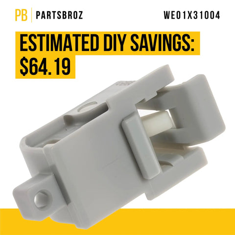 Close-up of gray WE01X31004 latch replacement for General Electric dryers, heavy-duty part with estimated DIY savings text.