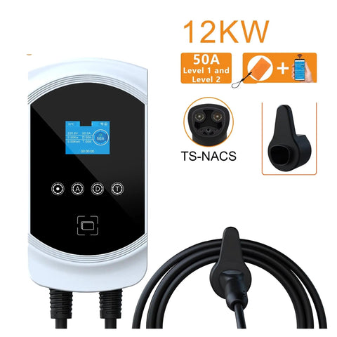 No Sweat Level 2 EV Charger With Wall Mount Bracket And Smartphone App Control Full Auto Home EVSE Portable Station For Every Electric Ride Up To Fifty Amps with display and cables