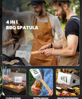 Two men grilling with stainless steel spatula featuring cutting edge, bottle opener, and meal tenderizer highlights.