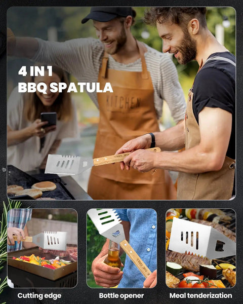 Two men grilling with stainless steel spatula featuring cutting edge, bottle opener, and meal tenderizer highlights.
