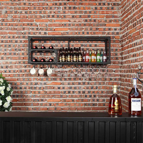 Industrial Wall Mounted Wine Rack With Stemware Holders Two Tier Iron Bar Shelf Bottle Display For Home Kitchen Decor mounted on brick wall.