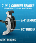 Get This Awesome 2 in 1 Dual Shoe Conduit Bender For Quick EMT And Rigid Pipes, featuring 1/2 inch and 3/4 inch bending slots.