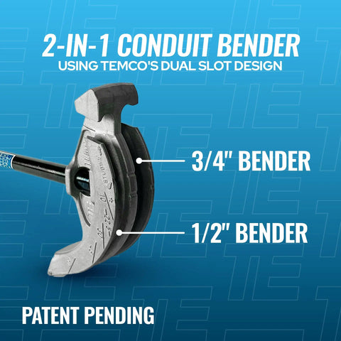 Get This Awesome 2 in 1 Dual Shoe Conduit Bender For Quick EMT And Rigid Pipes, featuring 1/2 inch and 3/4 inch bending slots.