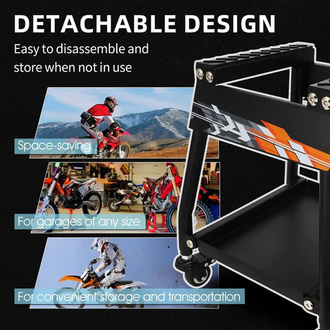 Close-up of Movable Dirt Bike Stand With Wheels Motorcycle Lift Panel showcasing detachable design and storage ability