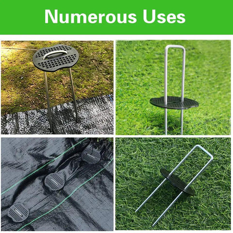 100Pcs Garden Staples Plastic Buffer Washers for landscape stakes installed on green and black weed barrier fabric.