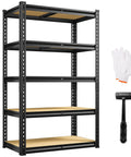 Workhorse Heavy Duty Steel Garage Shelving With Smooth Edges For Garage Basement Shed And Pantry Stable Durable Storage With Rolled Edge Uprights Scratch Resistant Coating Anti Tip Kits For Safe Easy Organization, 5-tier black steel shelf with gloves and hammer