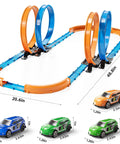 Epic Car Race Track Set for Kids Ages 3 To 12 With 45 Track Pieces And 4 Small Cars Dual Loop Tracks For Competitive Racing Perfect Gift For Boys And Girls featuring dual blue and orange loops with car measurements