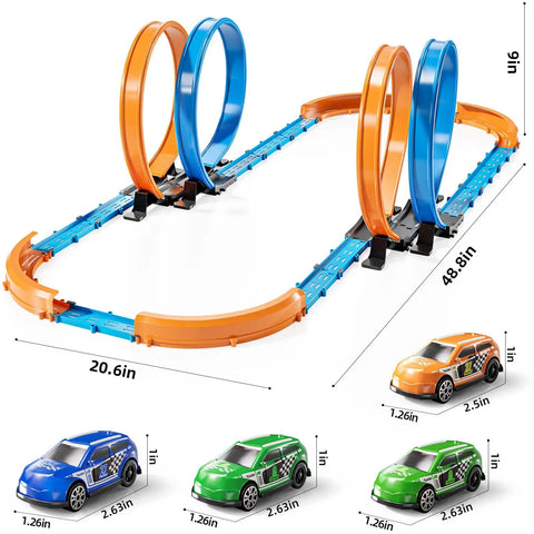 Epic Car Race Track Set for Kids Ages 3 To 12 With 45 Track Pieces And 4 Small Cars Dual Loop Tracks For Competitive Racing Perfect Gift For Boys And Girls featuring dual blue and orange loops with car measurements