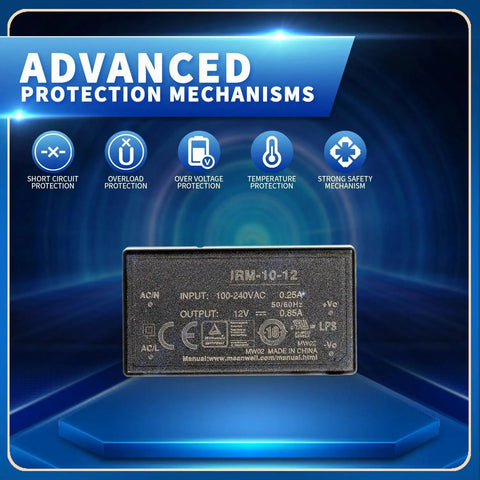 Rock Solid Industrial Ac Dc Switching Power Supply 12 Volt 10 Watt Converter label showing advanced protection features.