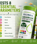 Top Tier Aquarium Water Test Strips 8 In 1 Fish Tank Chemistry Tester For Freshwater And Saltwater 60 Pack with test parameters on bottle.