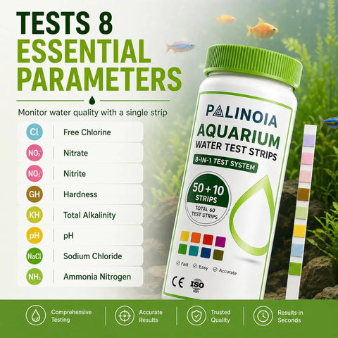 Top Tier Aquarium Water Test Strips 8 In 1 Fish Tank Chemistry Tester For Freshwater And Saltwater 60 Pack with test parameters on bottle.