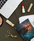 Compact PU Leather Coin Purse and No Zipper Makeup Bag with Polynesian Outrigger Canoe Print on desk with cosmetics