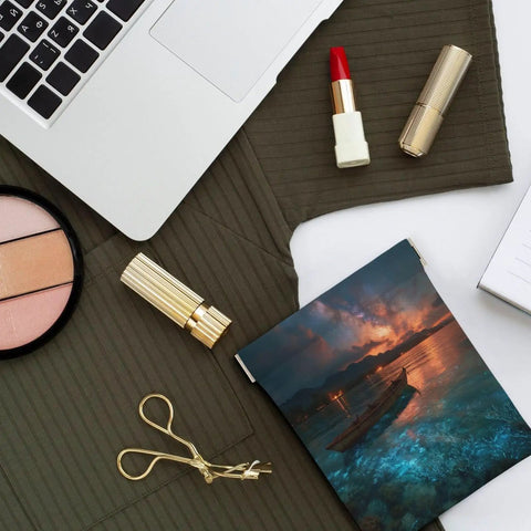 Compact PU Leather Coin Purse and No Zipper Makeup Bag with Polynesian Outrigger Canoe Print on desk with cosmetics