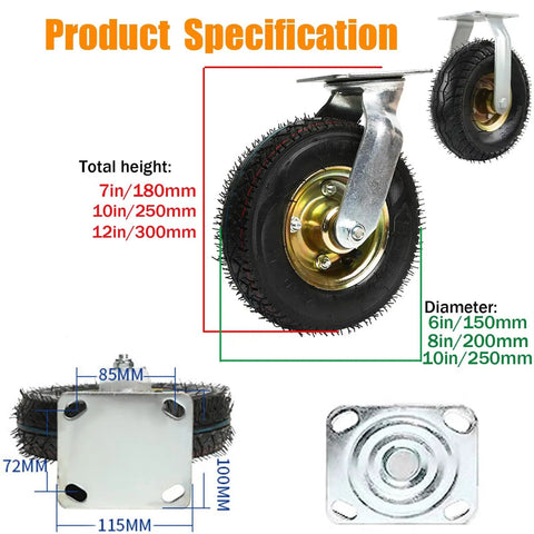 Beefy Heavy Duty Swivel Caster Wheels With Ball Bearings And Silent Rubber Treads, specs highlighted, various dimensions shown.
