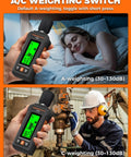 Pro Grade Sound Level Meter With 30 To 130 dB Range, A And C Weighting, Fast And Slow Response Modes, Ultra Accurate For Environmental Noise Monitoring, Workplace Safety, And Sound Checks shown in bedroom and factory