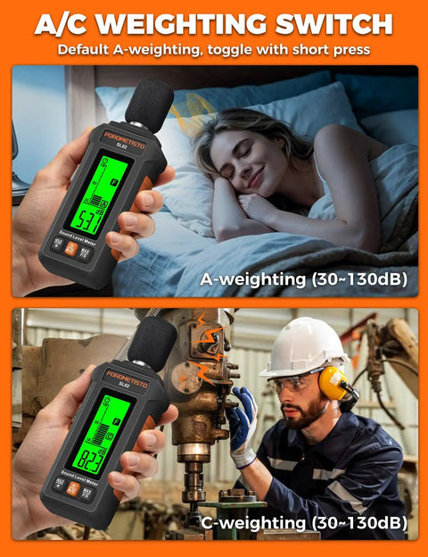 Pro Grade Sound Level Meter With 30 To 130 dB Range, A And C Weighting, Fast And Slow Response Modes, Ultra Accurate For Environmental Noise Monitoring, Workplace Safety, And Sound Checks shown in bedroom and factory