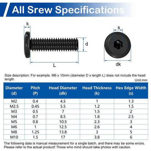 M6 x 15mm Flat Head Hex Socket Screws Heavy Duty 304 Stainless Steel specification chart showing dimensions and details.