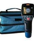 Heavy Duty Stud Finder And Digital Wall Scanner With Tough Built Frame and display, beside blue carrying case.