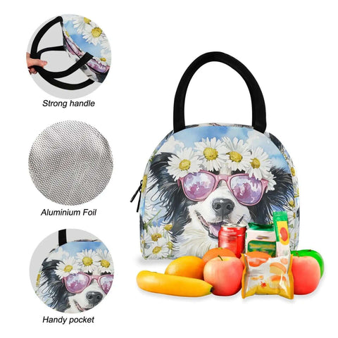 Daisy Dog Backpack With Insulated Cooler Lunch Box featuring handle, aluminum foil lining, and pocket, displayed with fruits.