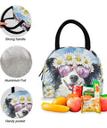Border Collie Daisy Sunglass Backpack With Insulated Lunch Cooler showing strong handle, aluminum foil lining, and handy pocket.