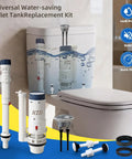Universal Toilet Tank Repair Kit With Dual Flush Valve And Inlet Valve next to toilet showing parts including fill valve, screws, washers.