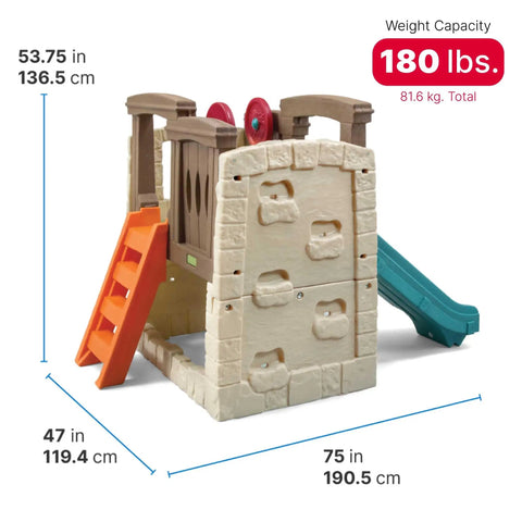 Woodland Climber II Kids Playset With Toddler Slide And Climbing Wall, Backyard Outdoor Playground dimensions and weight shown