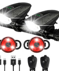 Two Pack Bike Lights With Horn, 1400LM USB Rechargeable Front Headlight And Tail Light, Waterproof With Three Modes, Anti Theft Mode, All Weather Ride Safety Kit For Road And Mountain Bikes, Black Pair shown with cables and remotes.