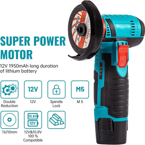 Cordless Angle Grinder Tool With 19500 RPM Two Batteries Fast Metal Grinding And Cutting Lightweight Handheld Electric Grinder