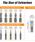 Dimensions and types of extractors from the Damaged Screw Extractor Set For Pros And DIYers 22 Pc Easy Out Stripped Screw Remover Kit