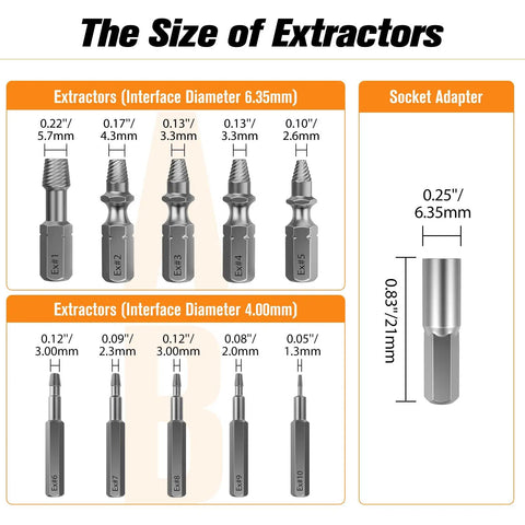 Dimensions and types of extractors from the Damaged Screw Extractor Set For Pros And DIYers 22 Pc Easy Out Stripped Screw Remover Kit