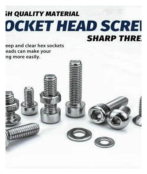 880 Pcs M2 M3 M4 M5 Stainless Steel Hex Socket Cup Head Screws and Bolts Kit for machinery assembly, shown with washers