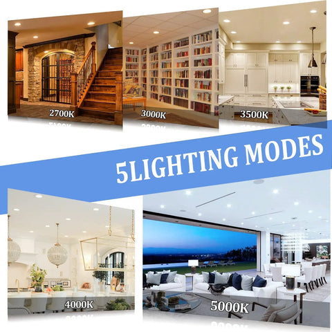 Ultra-Thin 4-Inch Recessed LED Lights Dope 12-Pack dimmable downlights 5 CCT modes ranging from 2700K to 5000K in various room settings