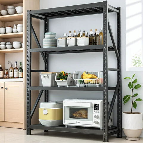 Tough As Nails 4 Tier Heavy Duty Industrial Steel Shelving Rack Built Like A Tank For Super Simple Garage Workshop And Commercial Warehouse Storage Solutions In Glossy Black