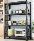 Four Tier Heavy Duty Steel Storage Shelves Hella Tough Rack For Warehouse Or Shop With 2600 Lb Capacity Per Shelf And Fully Adjustable Levels In Matte Black showcasing organized kitchen items on shelves.