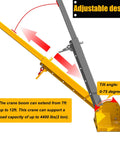 Heavy Hitting Telescoping Forklift Jib Boom Crane with adjustable boom and hook, 4400 lbs capacity, 0-75 degree tilt.